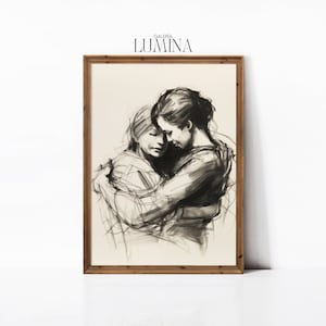 Disegno di madre e figlia Stampa di schizzo di mamma e ragazza antica Disegno a linea neutra Regalo per la festa della mamma Cornice artistica stampabile digitale Arte TV 205