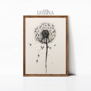 Puede incluir: Una ilustración en blanco y negro de un diente de león con semillas que se dispersan en el viento. La ilustración está enmarcada en un marco de madera marrón claro. El texto "GALERIA LUMINA" está impreso en la parte superior del marco.
