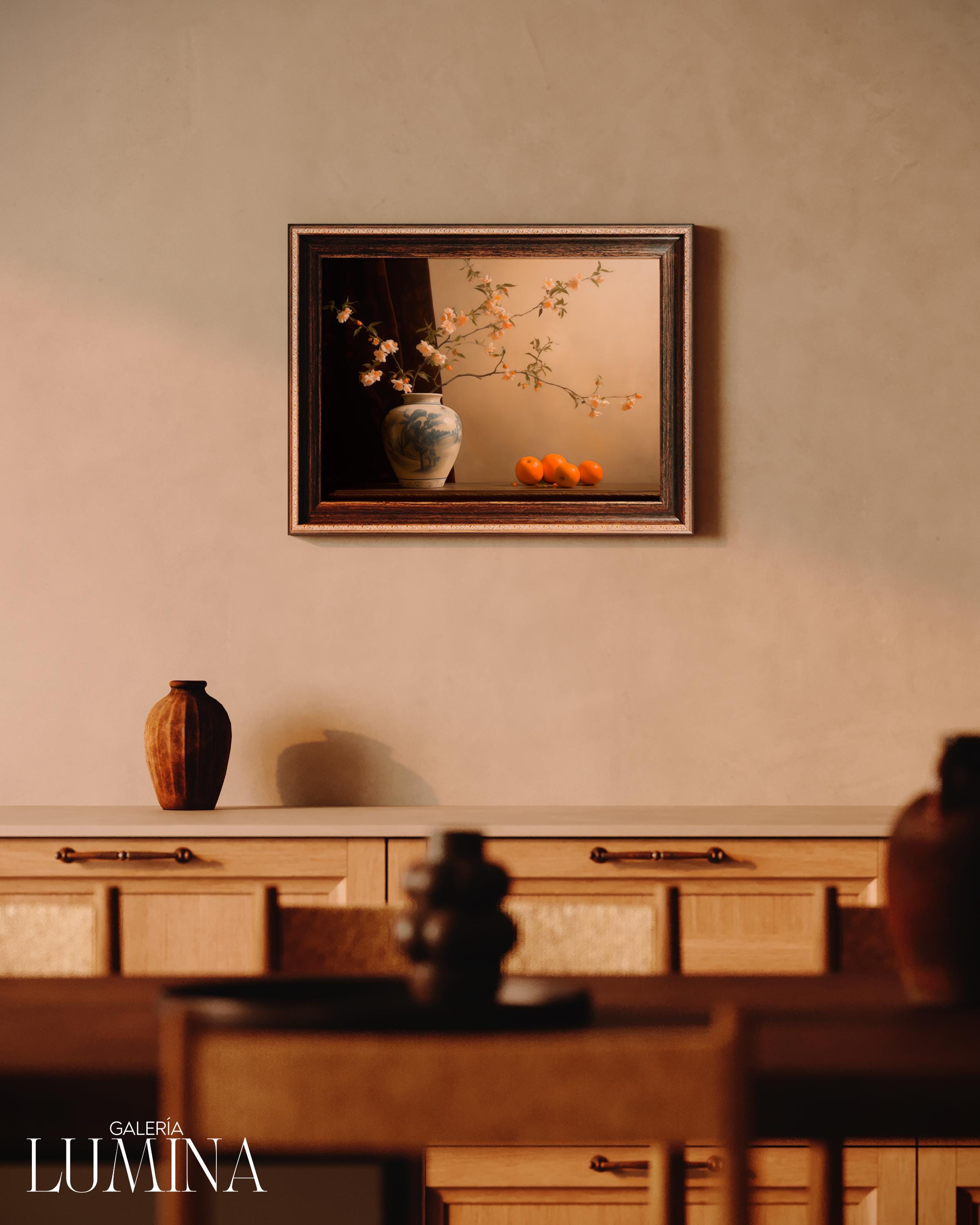 花瓶とオレンジのヴィンテージ静物画 クラシックな花の静物画 フルーツ