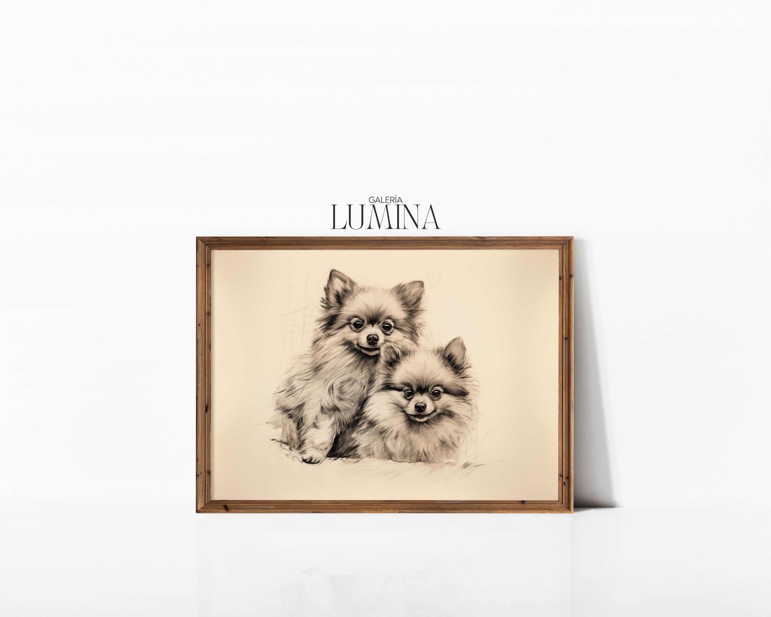 ポメラニアン犬 ペンとインクの絵 ミニマリストの犬のスケッチ モダン