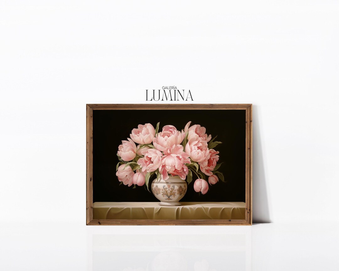Pink Flowers in Vase Painting Romantic Floral Print Vintage Still Life ...