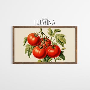 May include: A framed print featuring a botanical illustration of ripe red tomatoes on a vine with green leaves. The artwork has a vintage aesthetic, with the text "GALER&Iacute;A LUMINA" at the top.