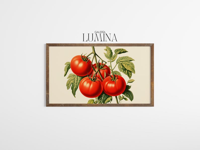May include: A framed print featuring a botanical illustration of ripe red tomatoes on a vine with green leaves. The artwork has a vintage aesthetic, with the text "GALER&Iacute;A LUMINA" at the top.