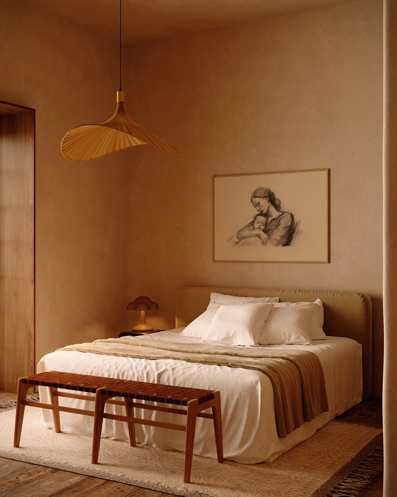 Vintage Mother and Child Sketch Antique Nursery Decor Neutral Line