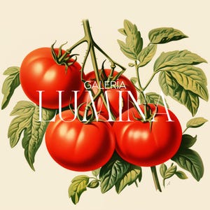 May include: A vintage-style illustration of ripe red tomatoes on the vine with green leaves. The text "GALERIA LUMINA" is overlaid on the image in a white, elegant font. The tomatoes are the focal point, with a soft, warm color palette.
