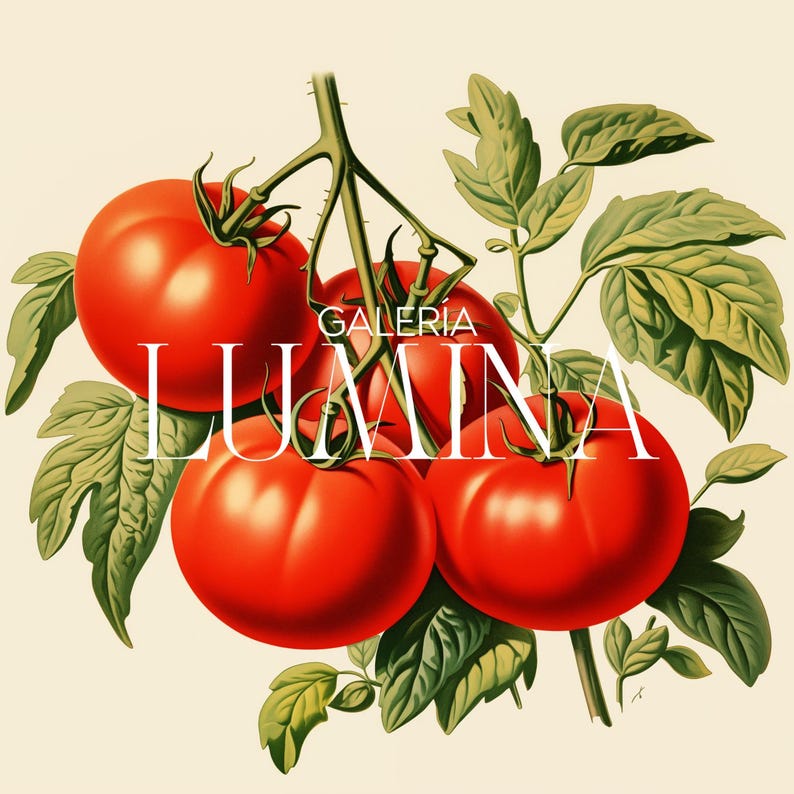 May include: A vintage-style illustration of ripe red tomatoes on the vine with green leaves. The text "GALERIA LUMINA" is overlaid on the image in a white, elegant font. The tomatoes are the focal point, with a soft, warm color palette.