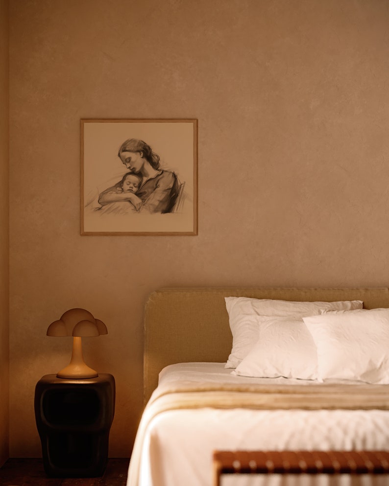 Vintage Mother and Child Sketch Antique Nursery Decor Neutral Line