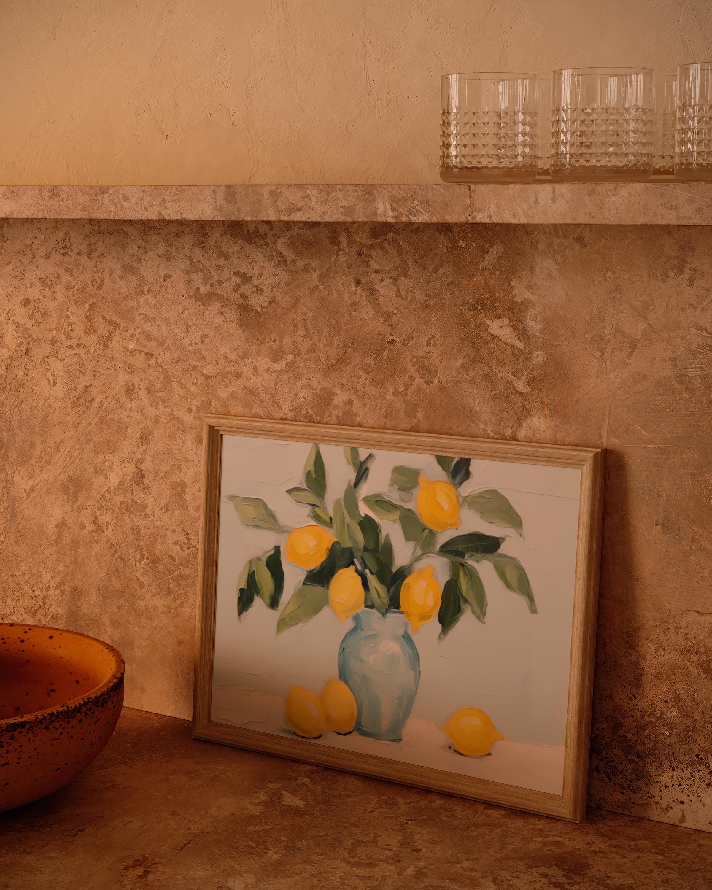 印象派レモン絵画キッチンフルーツウォールアートイエローレモン静物画