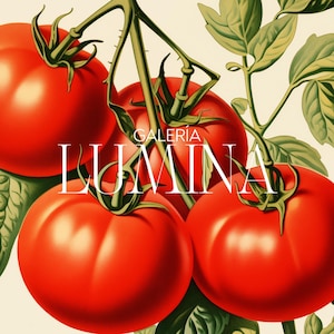 May include: A vintage-style illustration features ripe red tomatoes on a vine with green leaves. The text "GALER&Iacute;A LUMINA" is displayed in white across the image. The tomatoes are the focal point, with a soft, warm color palette.