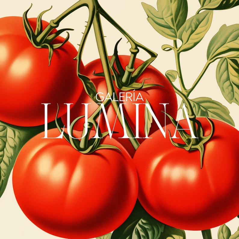 May include: A vintage-style illustration features ripe red tomatoes on a vine with green leaves. The text "GALER&Iacute;A LUMINA" is displayed in white across the image. The tomatoes are the focal point, with a soft, warm color palette.