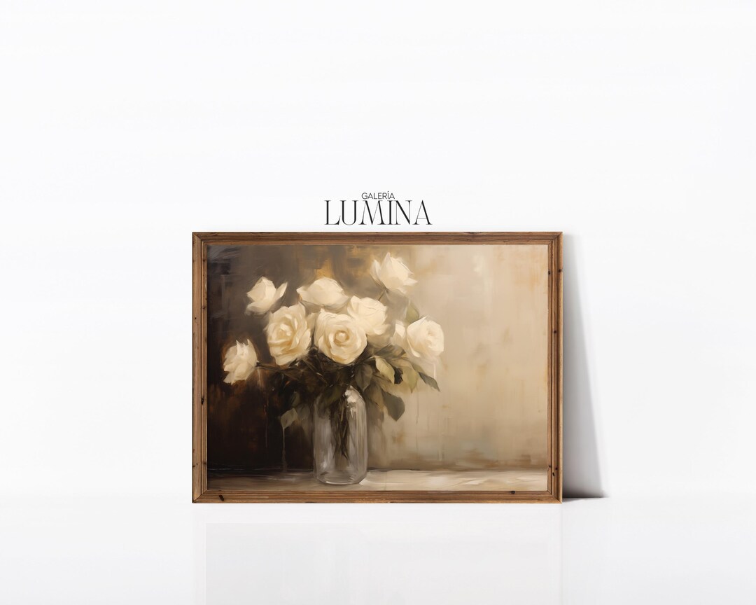 Vintage White Roses in Vase Oil Painting Antique Floral Still Life ...