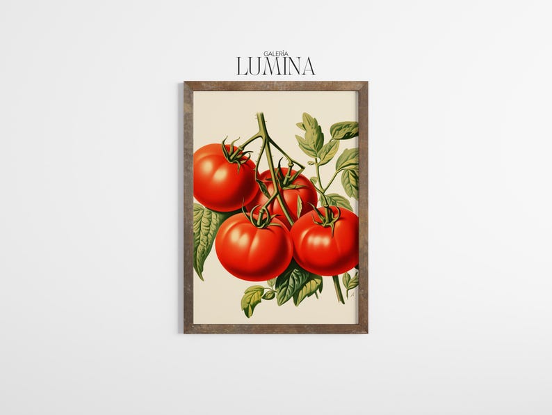 May include: A framed botanical print featuring a cluster of ripe red tomatoes with green leaves and stems. The artwork is set against a cream-colored background and framed in a rustic brown wooden frame. The text "GALERIA LUMINA" is at the top.