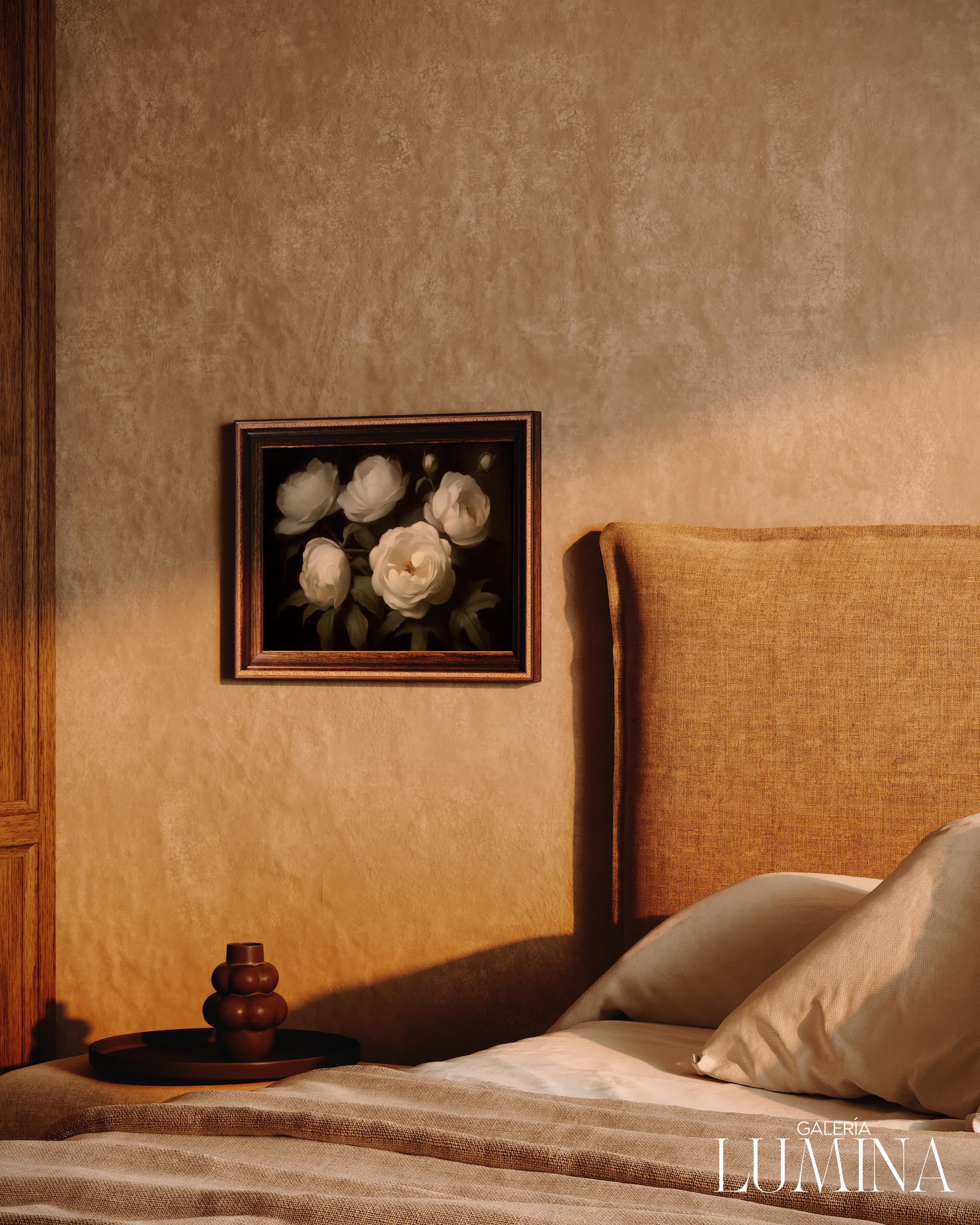 Vintage White Roses Oil Painting Moody Floral Wall Art Dark Flower ...