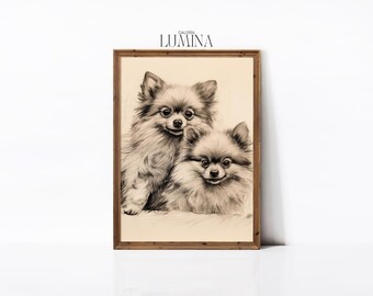 ポメラニアン犬 ペンとインクの絵 ミニマリストの犬のスケッチ モダン