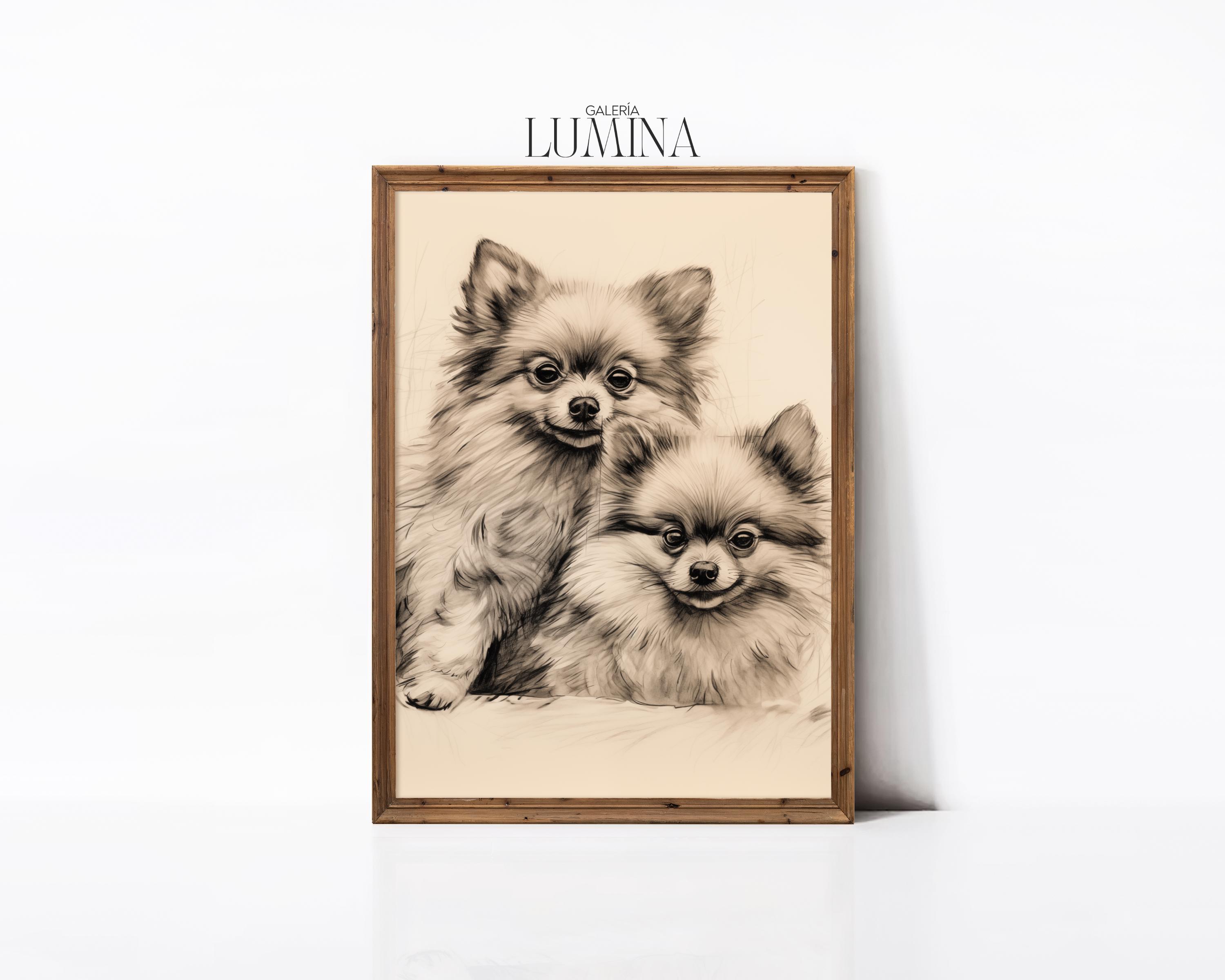 ポメラニアン犬 ペンとインクの絵 ミニマリストの犬のスケッチ モダン