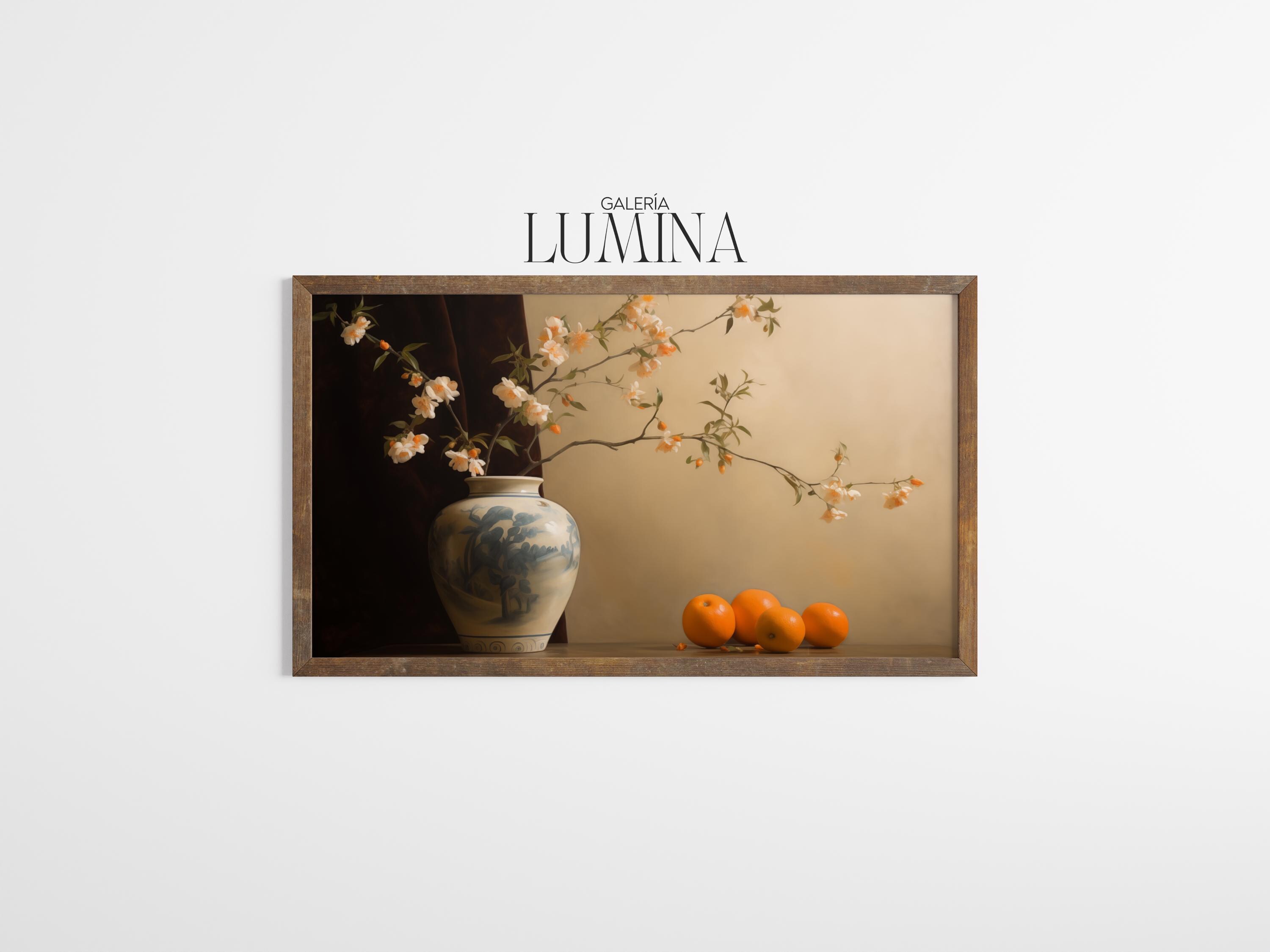 花瓶とオレンジのヴィンテージ静物画 クラシックな花の静物画 フルーツ