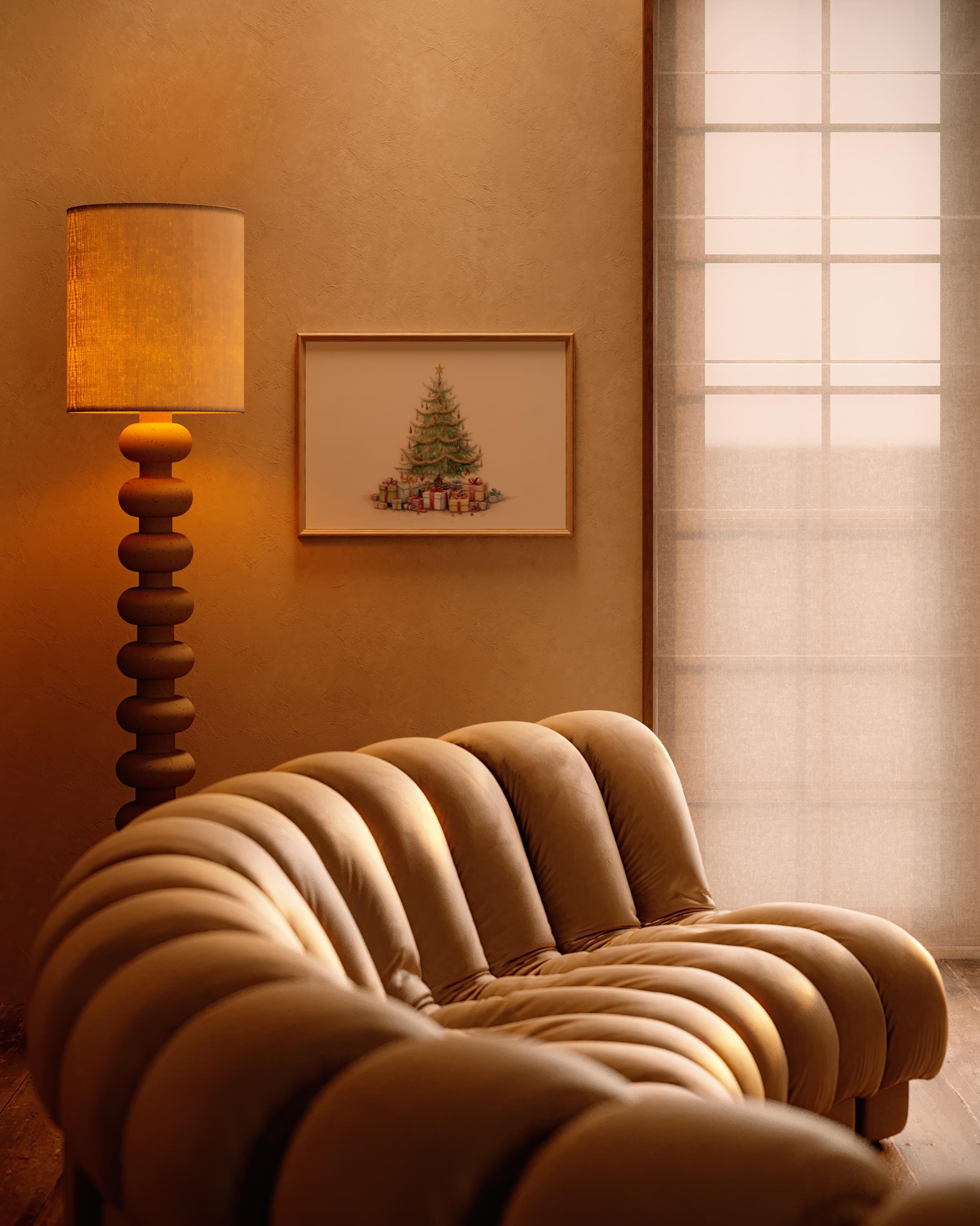 Christmas Tree Colored Pencil Drawing Vintage Xmas Presents Pastel