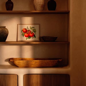 May include: A rustic kitchen scene featuring wooden shelves with various decorative items. A framed botanical print of tomatoes hangs between shelves. Other items include vases, a wooden bowl, and a large wooden trough.