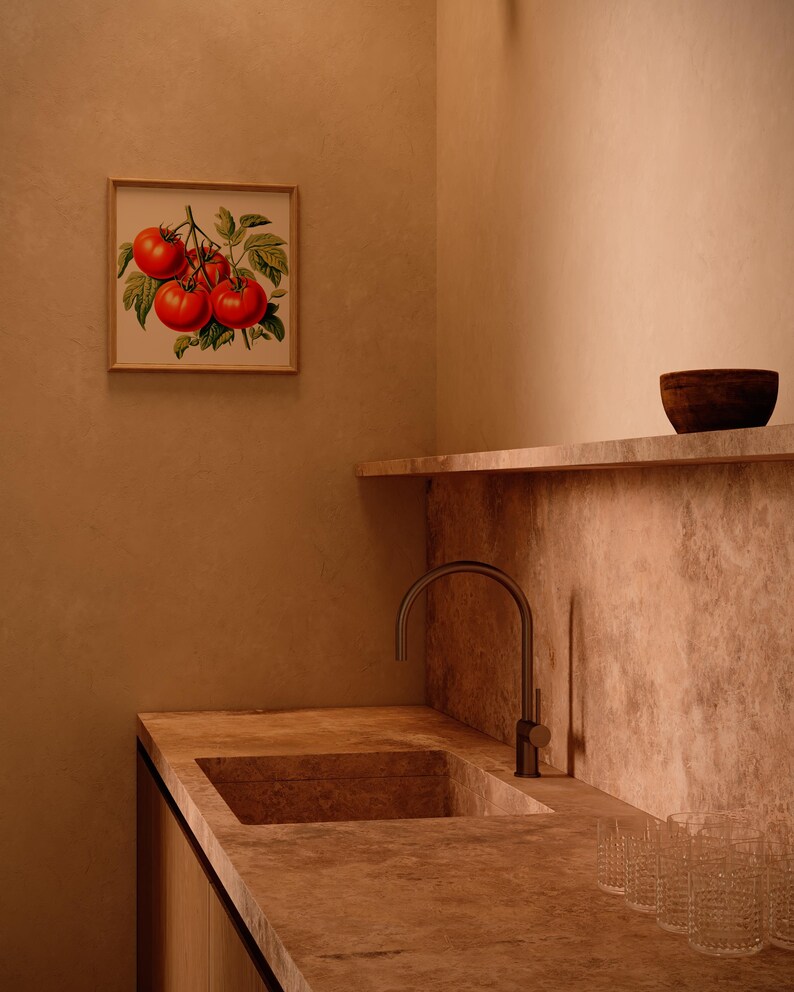 May include: A kitchen scene featuring a framed botanical print of ripe red tomatoes with green leaves. The kitchen has a stone countertop with a built-in sink and a dark metal faucet. A wooden bowl sits on a shelf above.