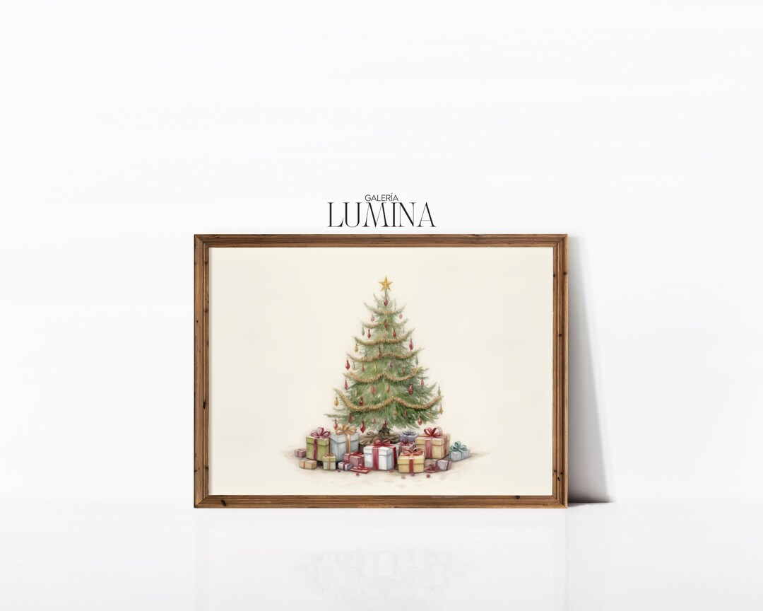 Christmas Tree Colored Pencil Drawing Vintage Xmas Presents Pastel