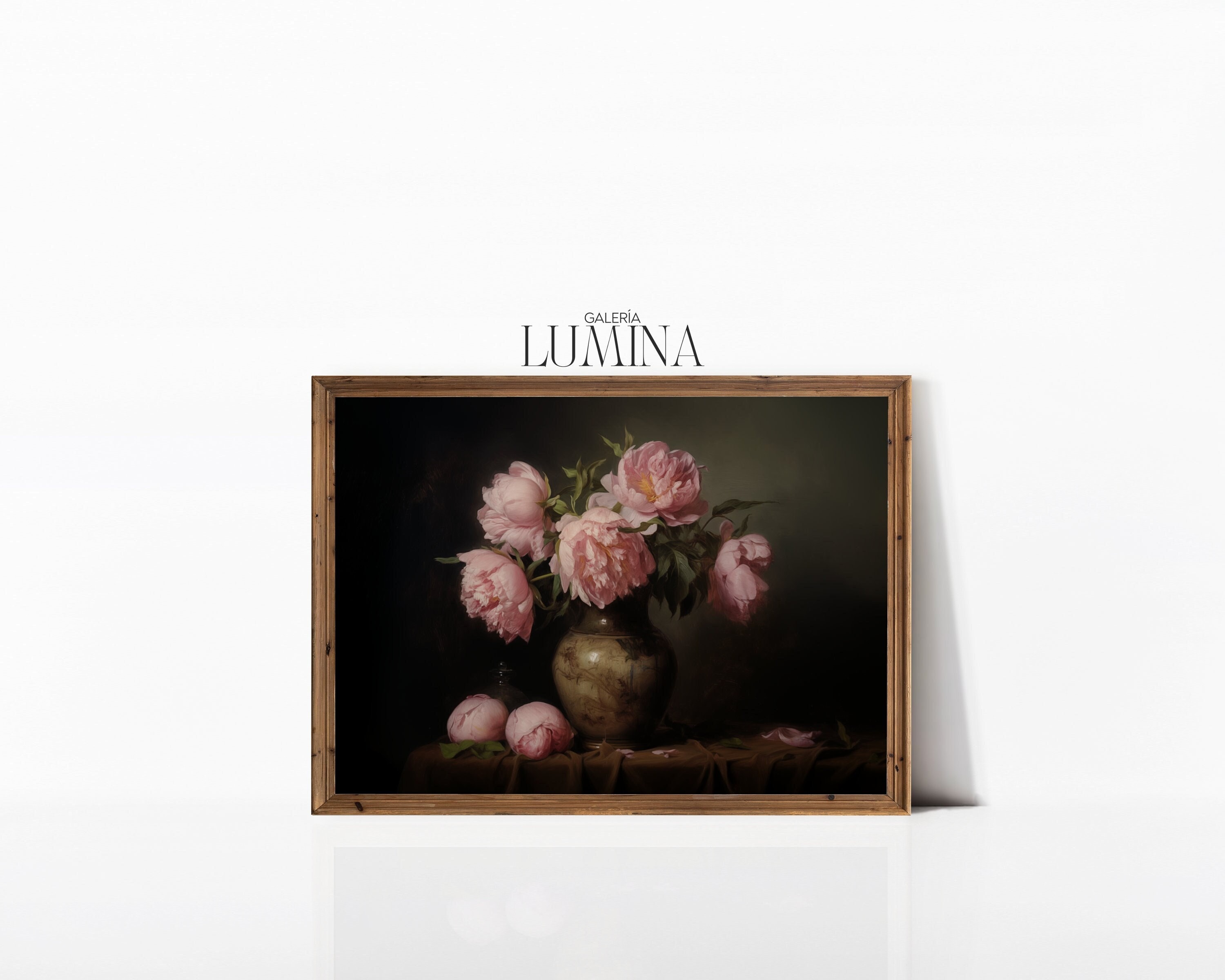 Pink Peonies in Antique Vase Oil Painting Dark Moody Still Life Print ...