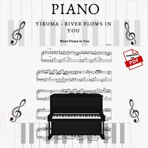 以下が含まれることがあります： Yiruma作曲の「River Flows In You」というタイトルのピアノのための白黒の楽譜。楽譜は白い背景に、中央に黒いピアノが置かれた状態で表示されています。