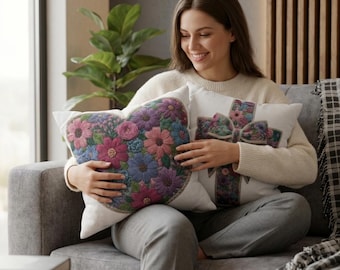 Vierkante kussensloop van hartgesponnen polyester met bloemen - decoratief bloemboeket sierkussenhoes