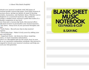 Notitieboek muziekmanuscript: 125 pagina's, 8 notenbalken, 8,5 x 11 inch