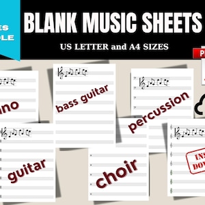 Könnte beinhalten: Ein Bündel von 33 leeren Notenblättern in den Formaten US Letter und A4, perfekt für Klavier, Gitarre, Bassgitarre, Percussion und Chor. Der PDF-Download beinhaltet eine Option für den sofortigen Download.