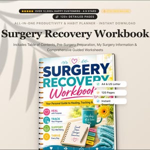 以下が含まれることがあります： Surgery Recovery Workbookというタイトルのスパイラル綴じカバー、ティールカラーのマグカップ、黄色い花、小さなノートが特徴のデジタル手術回復ワークブック。テキストにはHeal with Purpose、Track Your Progress、Support Your Well-Being、Thrive Every Dayが含まれ、A4 & US Letter、120 Pages、Instant Downloadのラベルが付いています。