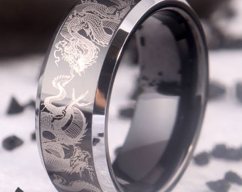 Engraved Dragon Wedding Band Ring,Traditional Dragon Pattern Ring, Dragon Lore Ring,Carp Koi Fish and Dragon Ring,Tungsten ring,Free postage
