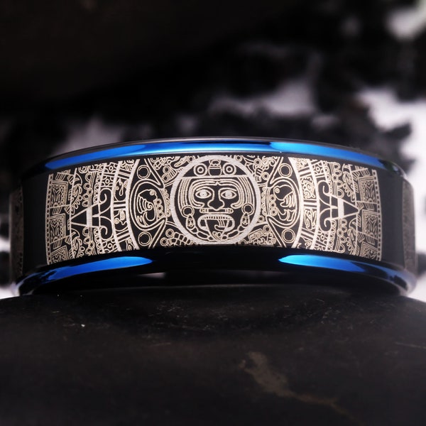 Ring mit aztekischem Muster, Maya-Ehering, traditioneller Ring, aztekischer Ehering, aztekischer Ring, schwarzer Ring, aztekischer Kalender, gravierter aztekischer Kulturring