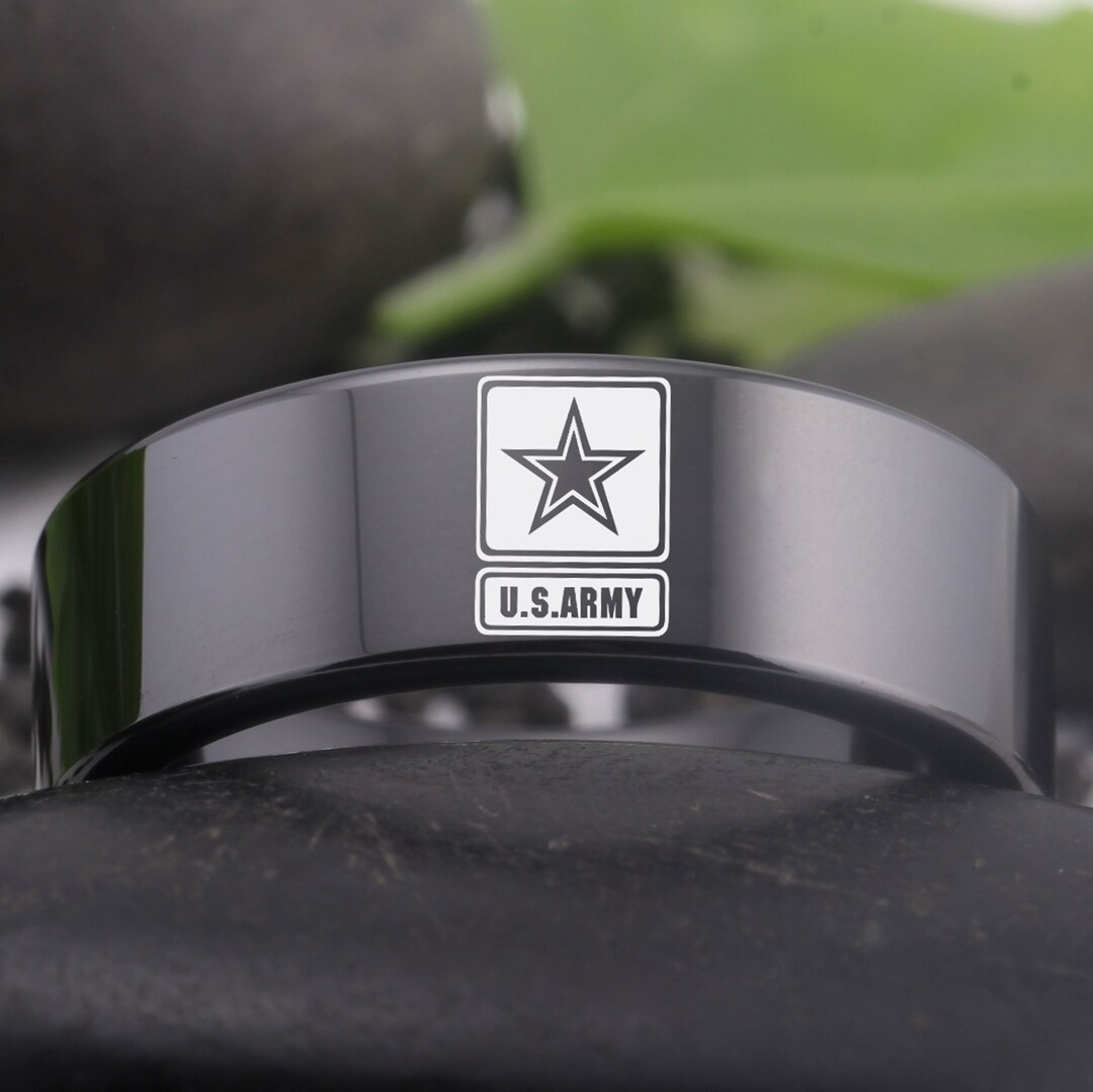Engraved US Army Logo Tungsten Carbide Wedding Band Ring,army Stars