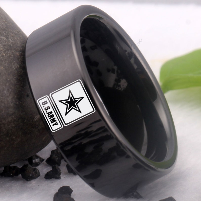Engraved US Army Logo Tungsten Carbide Wedding Band Ring,army Stars