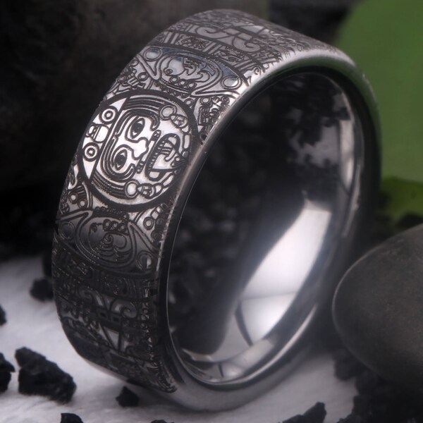 Ring mit aztekischem Muster, Ehering der Maya, traditioneller Ring, aztekischer Ehering, aztekischer Ring, Silberring Aztekenkalender, gravierter aztekischer Kulturring