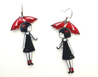 Girl with Umbrella Earrings, Whimsical Earrings, Cute Handmade Jewelry, Storybook Earrings, Gift for Her