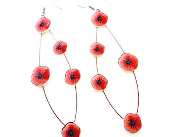 Poppy Flower Dangle Earrings, Botanical Acrylic Earrings, Red Floral Earrings, Lightweight Statement Earrings, Spring Jewelry Gift