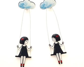 Cloud Girl Earrings, Swing Girl Earrings, Illustrated Earrings, Minimalist Dangle Earrings, Cute Handmade Jewelry, Gift for Her