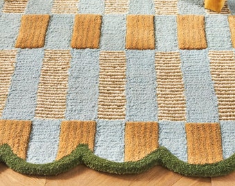 100% pure New Zealand wool Handmade art deco rug, ivory ochre mid century rug modern rug, geometric rug Bauhaus rug, 8x10 scalloped wool rug