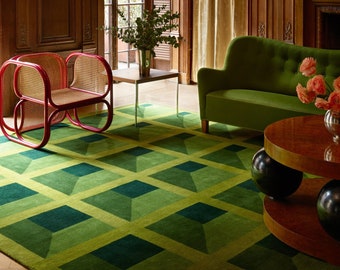 100% pure New Zealand wool Handmade rugs, modern rug, green mid century rug, art deco rug, green mcm 5x7 8x10 9x12 geometric rug bauhaus rug