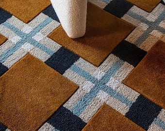 100% New Zealand wool rug, art deco rug, ochre mid century modern rug, tufted rug, mcm rug 7x10 rug 10x14 rug geometric rug Brown runner rug