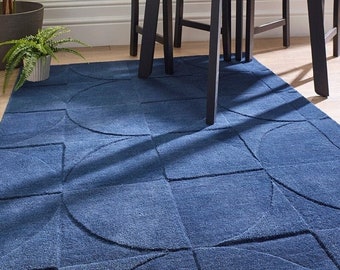 Tapis art déco en laine de Nouvelle-Zélande 100 %, tapis bleu uni du milieu du siècle, tapis modernes, tapis touffeté mcm tapis 7 x 10 10 x 14 8 x 10 tapis bleu géométrique