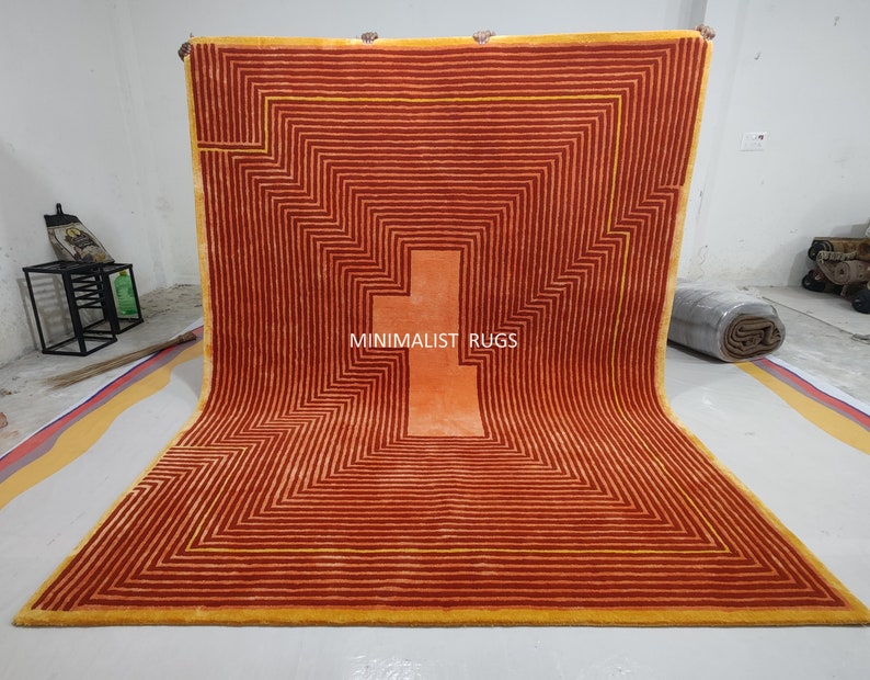 Rust color rug, New Zealand wool Handmade rug, mid century modern rug terracotta color mid century rug, art deco rug 8x10 9x12 geometric rug image 3