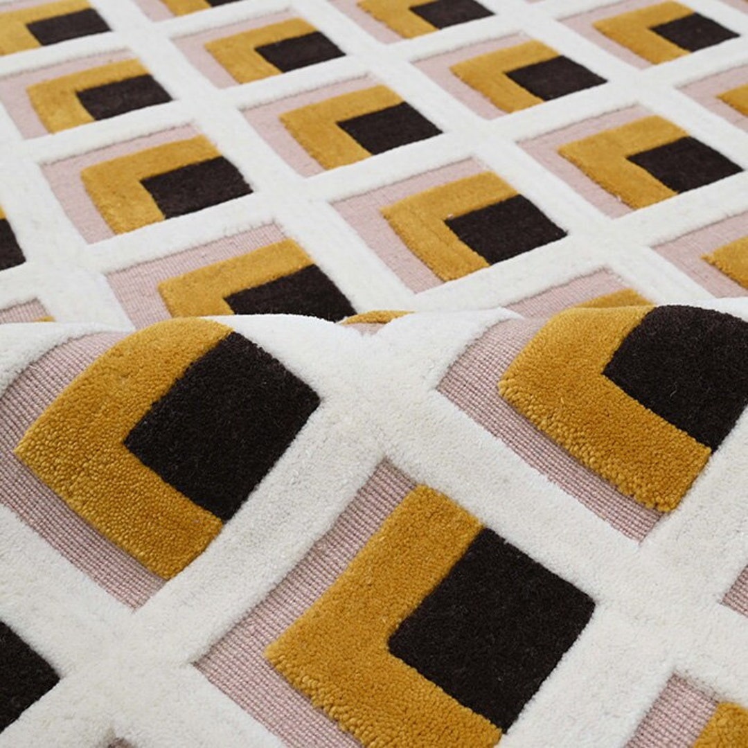 100 New Zealand Wool Rugs, Art Deco Rug, Pink Yellow Mid Century