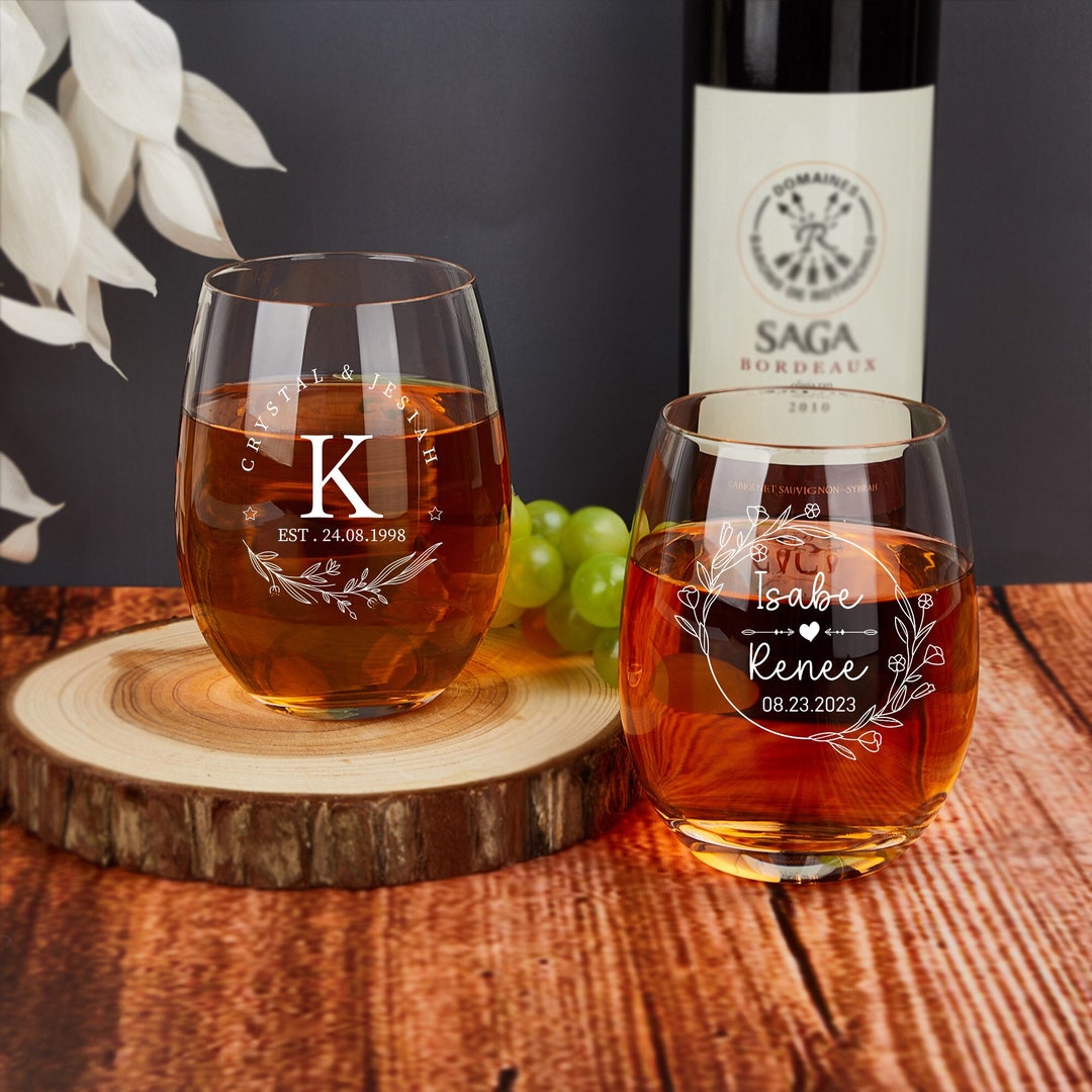 Personalized Wedding Wine Glass Set of 2, Custom Stemless Wine Glasses, Wedding Gift, Couples ...