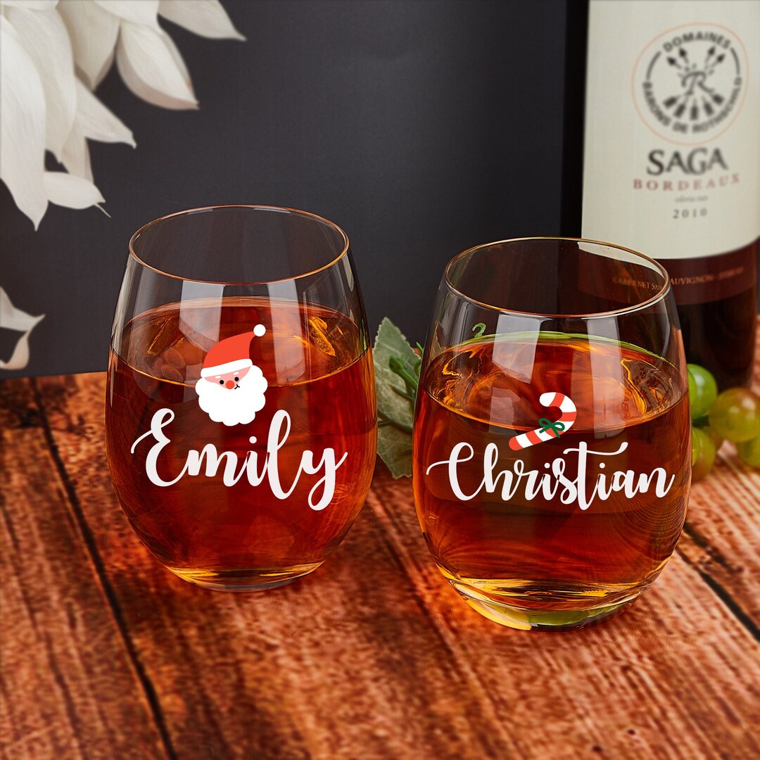 Santa Wine Glass, Personalised Christmas Gift, Christmas Stemless Wine