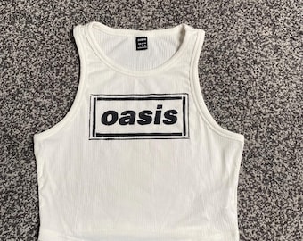 Oasis Crop Top Custom Distressed (Rubber Stamp) Hand Crafted, Indie, White Festival and Gig Band Tank Crop Top