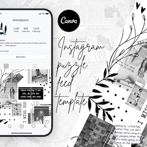 Schwarz Weiß Instagram Puzzle Feed, Minimalistische Canva Vorlage für Instagram, Grid Vorlage Instagram Posts, Girly Instagram Feed Vorlage