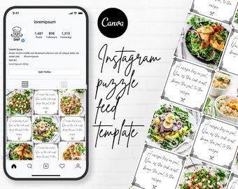 Black and White Instagram Puzzle Feed Template, Food Blogger/Restaurant/Foodie Instagram Grid, Canva Template, 21 Minimal Clean White Posts