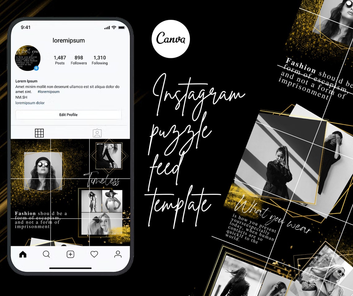 Black and Gold Instagram Feed Puzzle Template, Fashion and Glamour ...